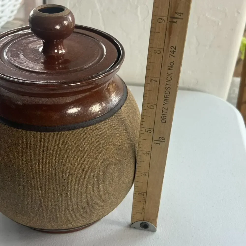 Art Studio Pottery Handmade Stoneware Lidded Storage Jar Artist Signed Brown Vtg